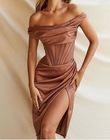 Clothing Manufacturer China Autumn Women One Off Shoulder Satin Bone Pleated Slit Mid Dress