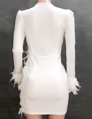 V Neck Women Casual Dresses Mesh - Paneled Feather - Embellished Slim - Fit Dress