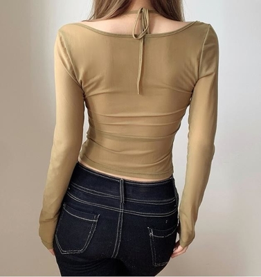 Small Batch Clothing Manufacturers Perspective Mesh Bow V - Neck Long Sleeve T - Shirt